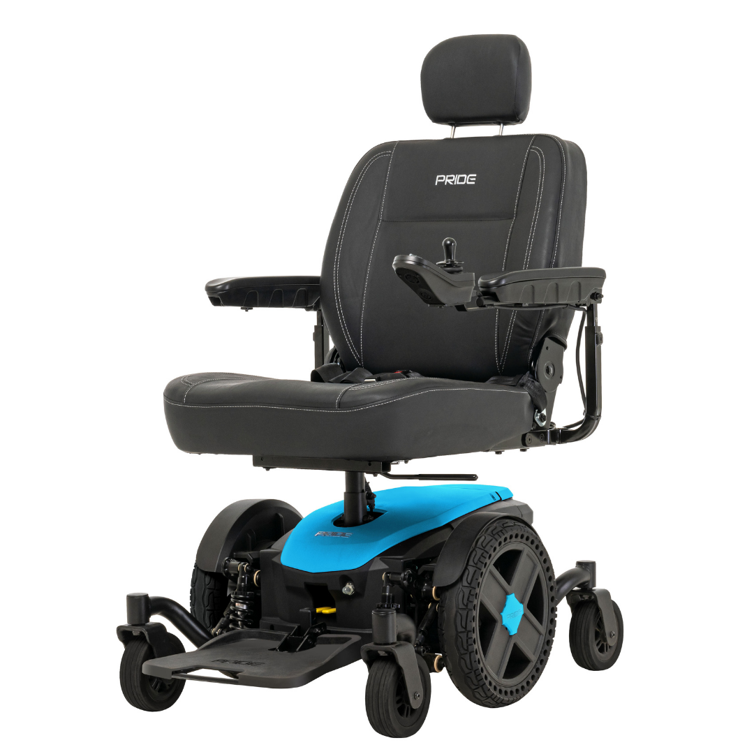 The Pride Mobility Jazzy® EVO 614 HD Bariatric Powerchair with ATX Suspension features a black cushioned seat, headrest, armrests, a blue base, large rear wheels, small front wheels, and right-arm joystick control.